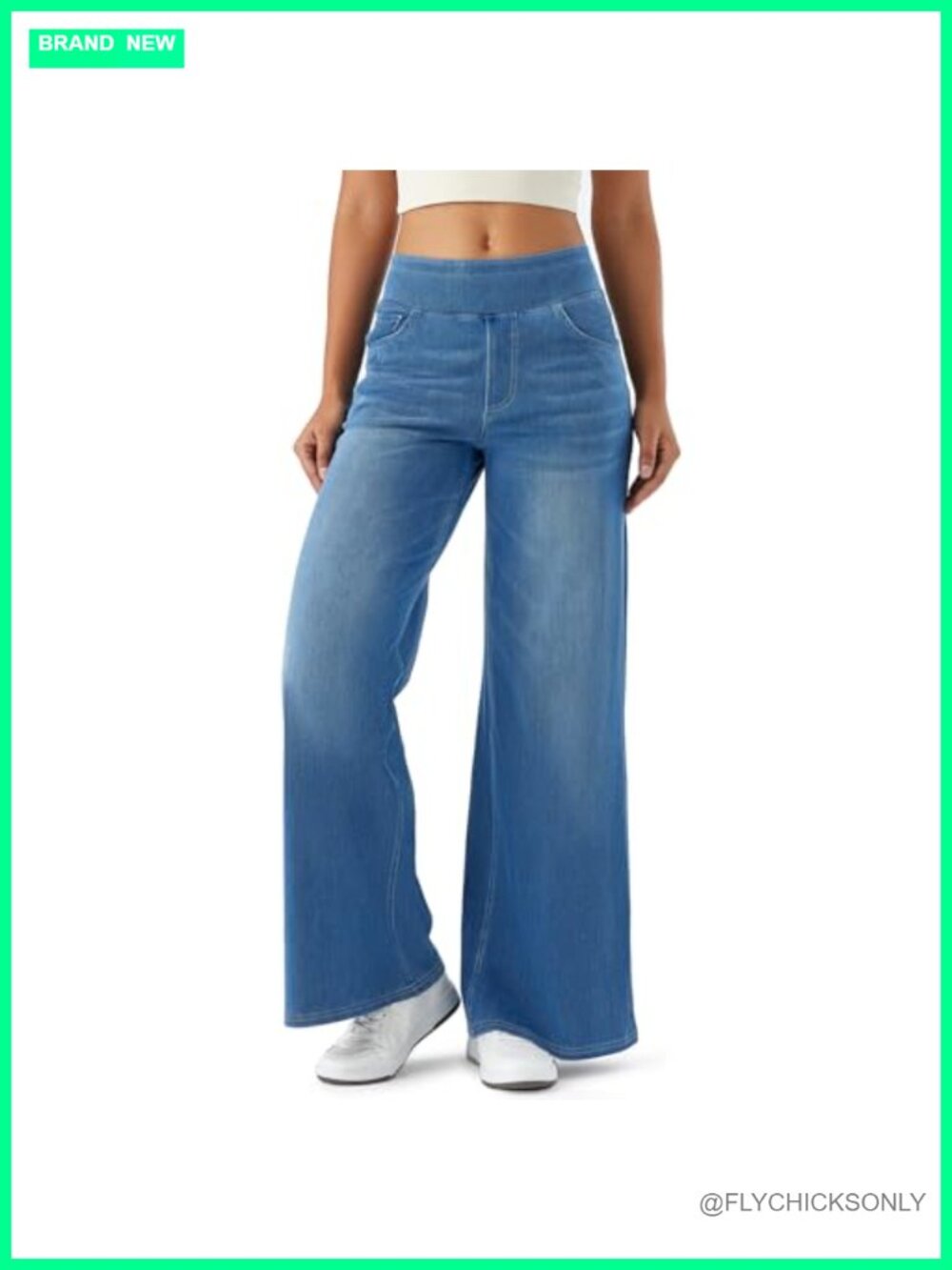 High Waisted Wide Leg Pull On Stretch Denim Jeans Elastic Waist